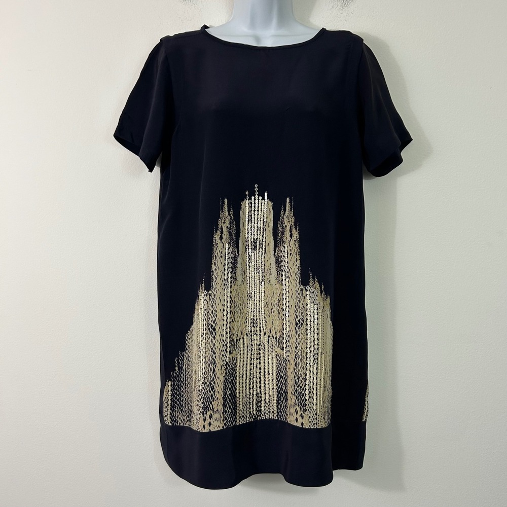 Label Ritu Kumar Navy Blue 100% Silk Sequin Cathedral Shift Dress Size 3 NWT‎